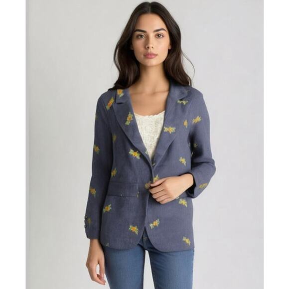 Listicle Floral Embroidered Corduroy Blazer Navy Blue L Boho Cottagecore preppy - Picture 1 of 7